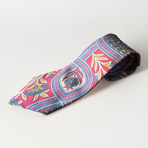 Liberty of London Tie Silk Necktie Burgundy Navy Cream Floral Geometric 58 Inch - Picture 3 of 10